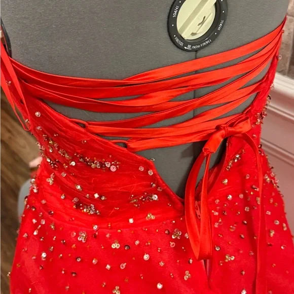 Strapless Red Beaded Prom Gown - Picture 4 of 6